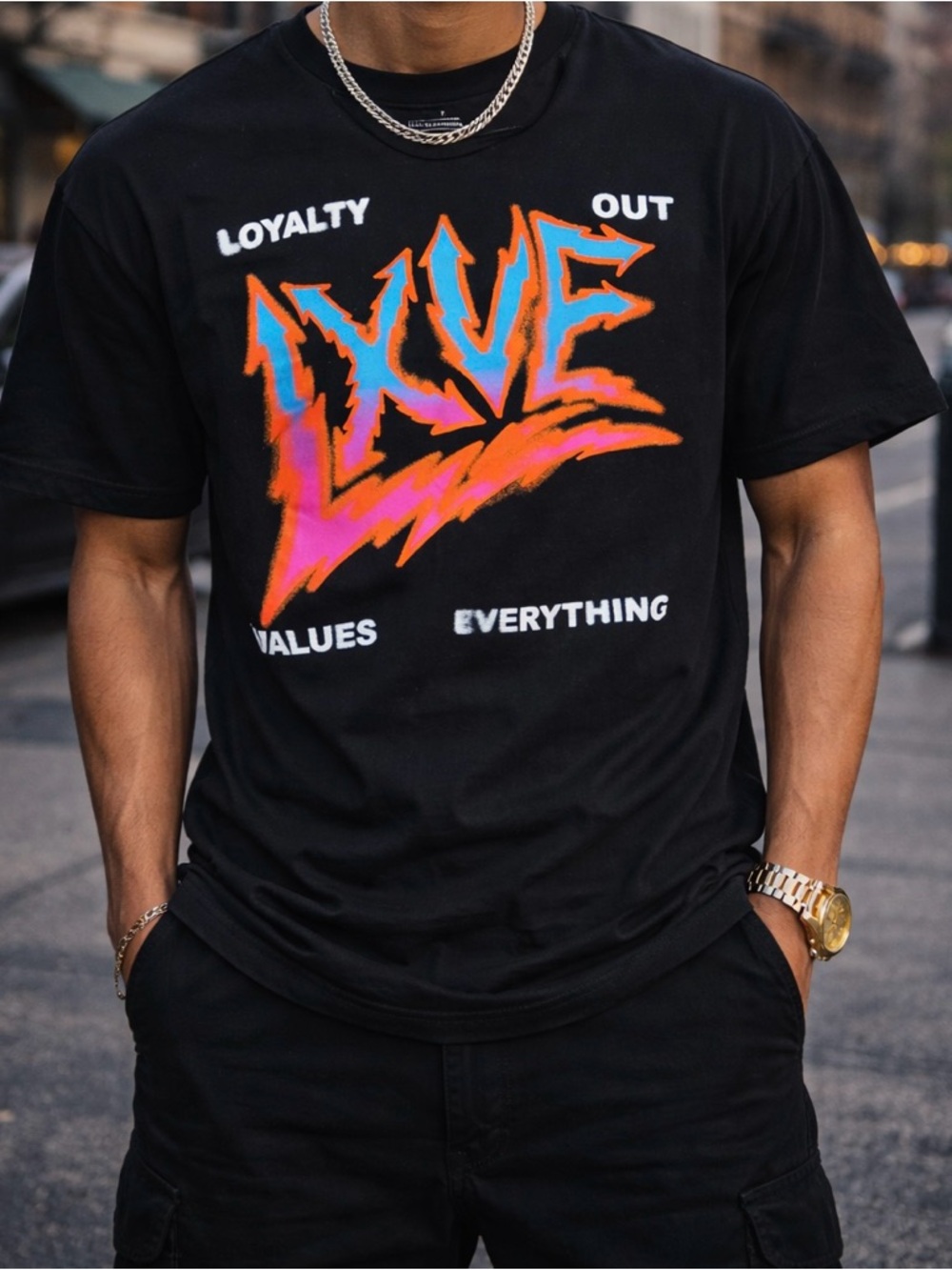Loyalty Out Lives Everything Graphic T Shirt Mens Medium Black Streetwear Neon